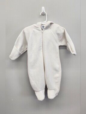 Miniwear Baby Cream Off-White Fleece Footed Pram Suit Hooded Romper 0-6M